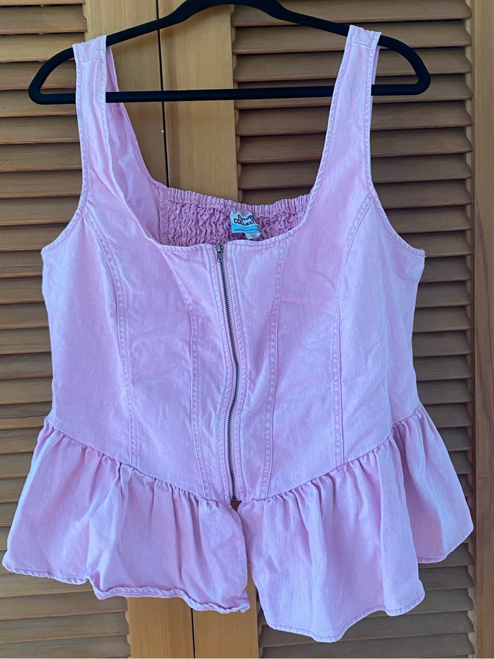 Light Pink Denim Peplum Zip-Front Top